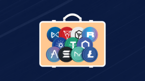 A picture of a suitcase, showing different crypto logos in it